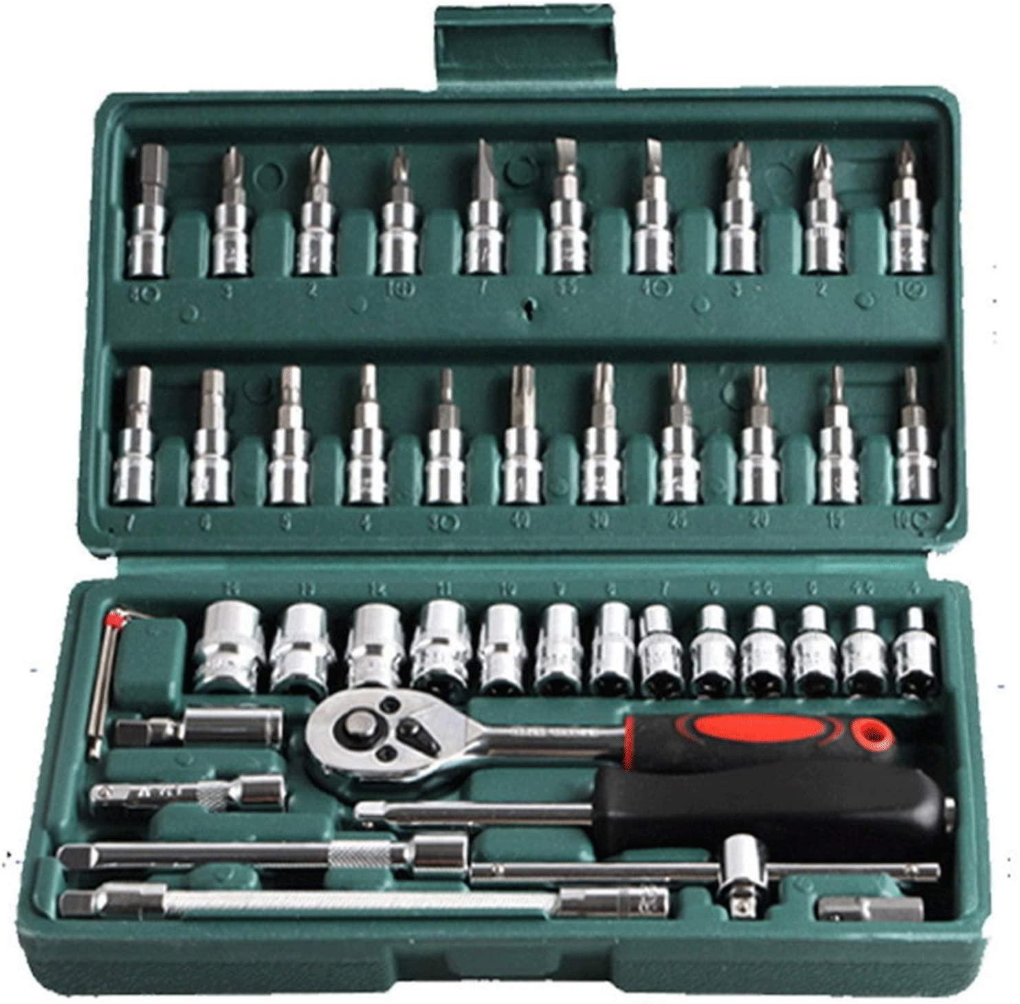 YUOP Hand Tools 46 in 1 Wrench Batch Head Hand Tool Set Ratchet Carbon Steel Pawl Socket Spanner Screwdriver Motorcycle Car Repair Tool Set (Color : Green, Number of Pieces : 46Pcs)
