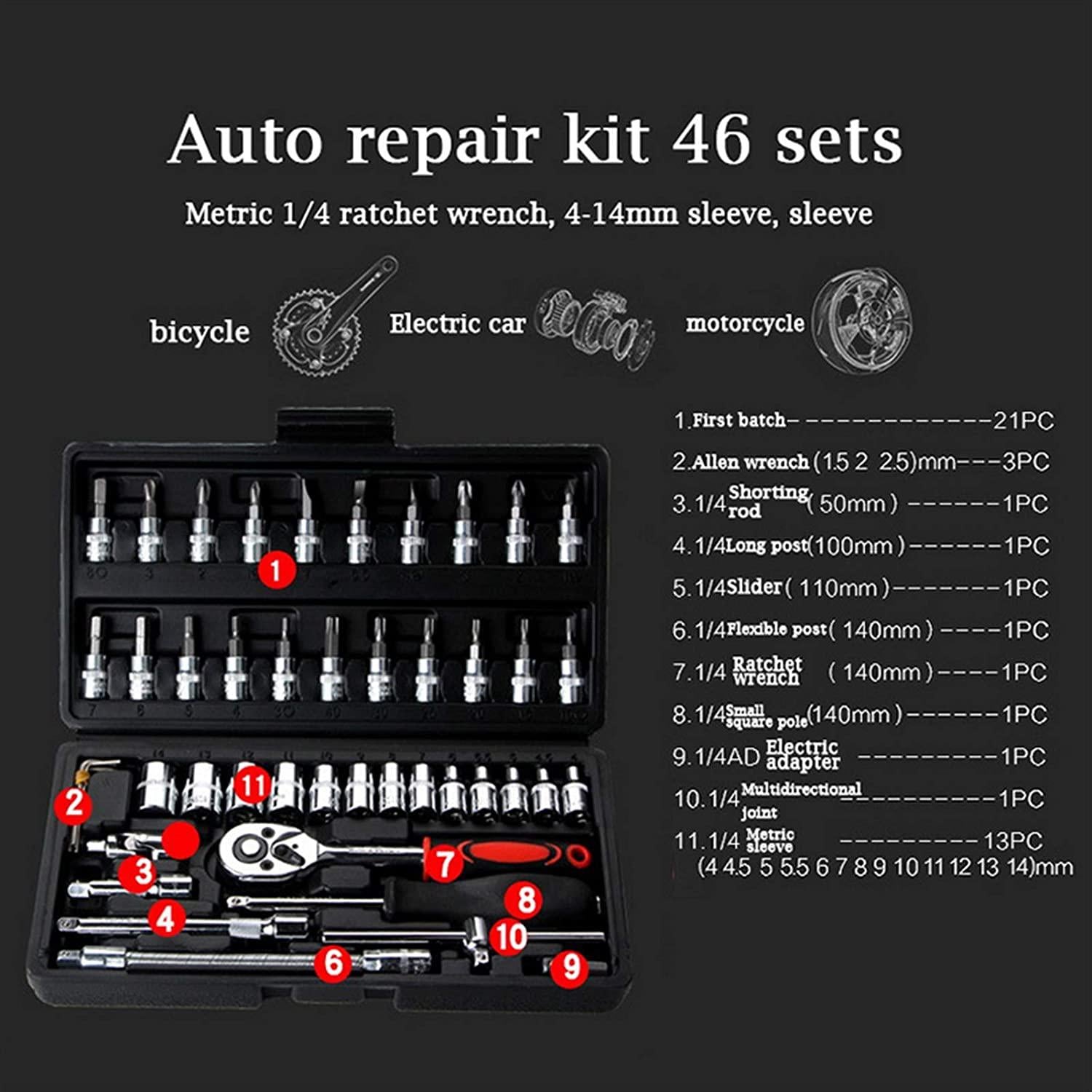 YUOP Hand Tools 46 in 1 Wrench Batch Head Hand Tool Set Ratchet Carbon Steel Pawl Socket Spanner Screwdriver Motorcycle Car Repair Tool Set (Color : Green, Number of Pieces : 46Pcs)