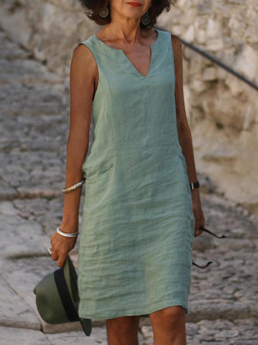 Casual Cotton Linen V-neck Midi Dress