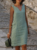 Casual Cotton Linen V-neck Midi Dress
