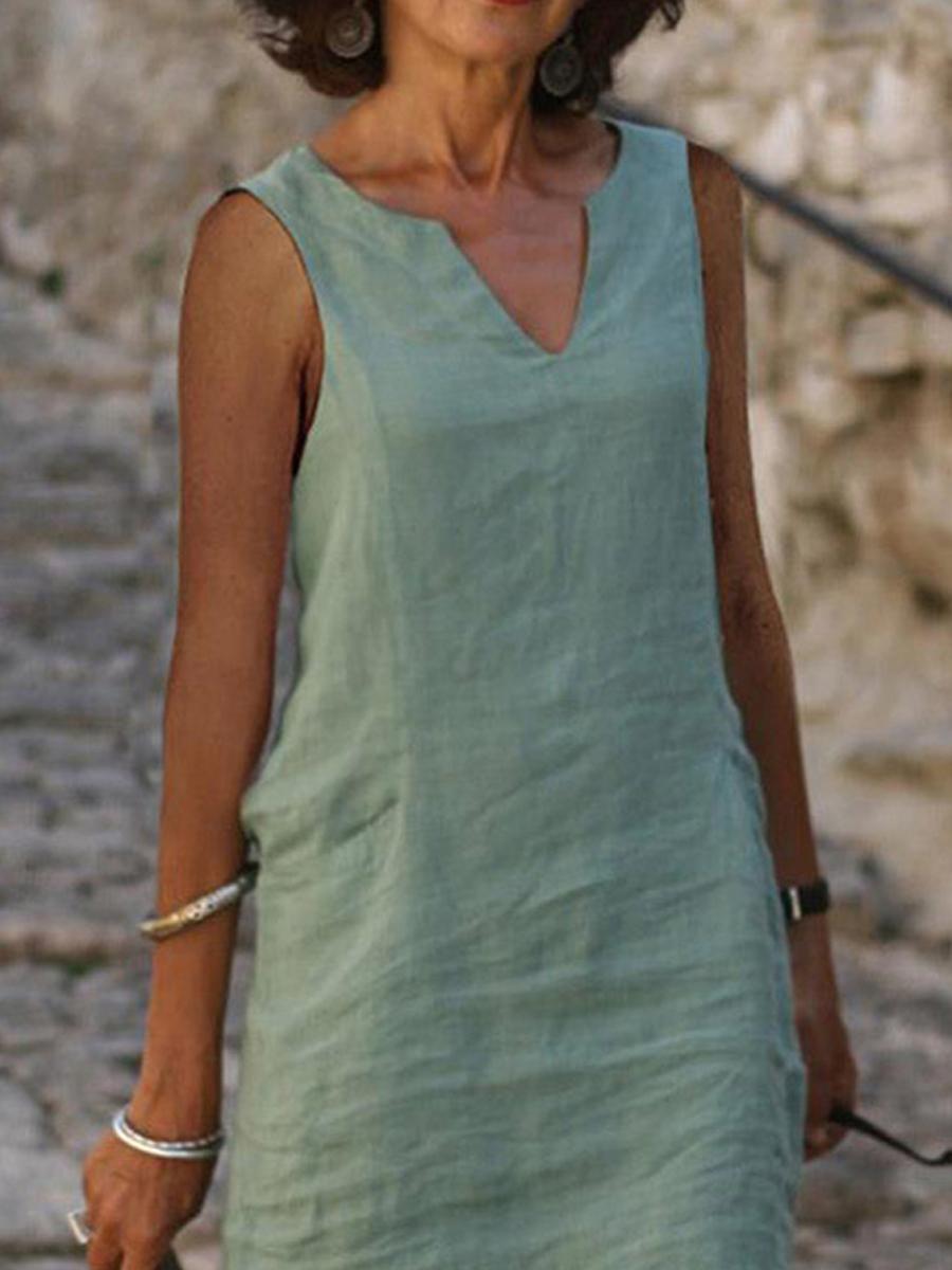 Casual Cotton Linen V-neck Midi Dress