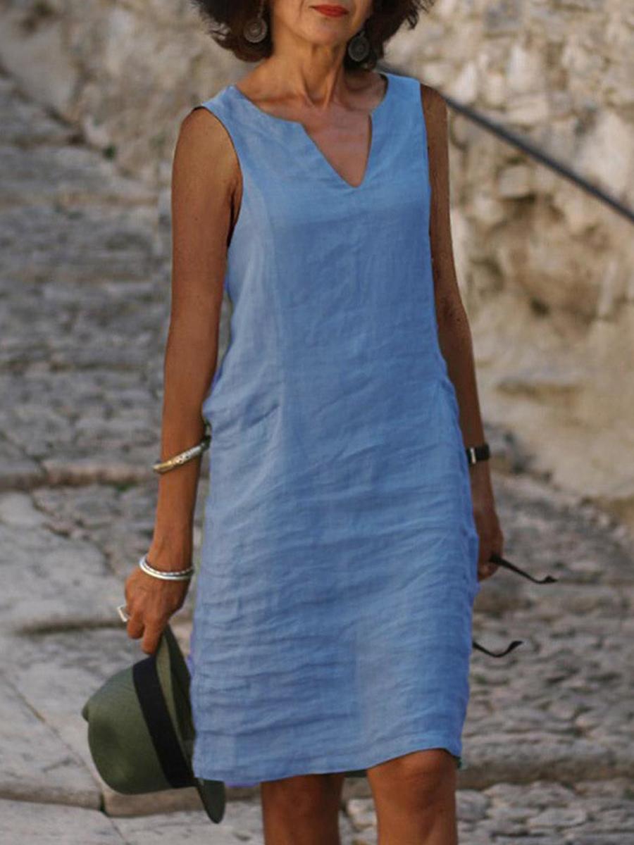 Casual Cotton Linen V-neck Midi Dress