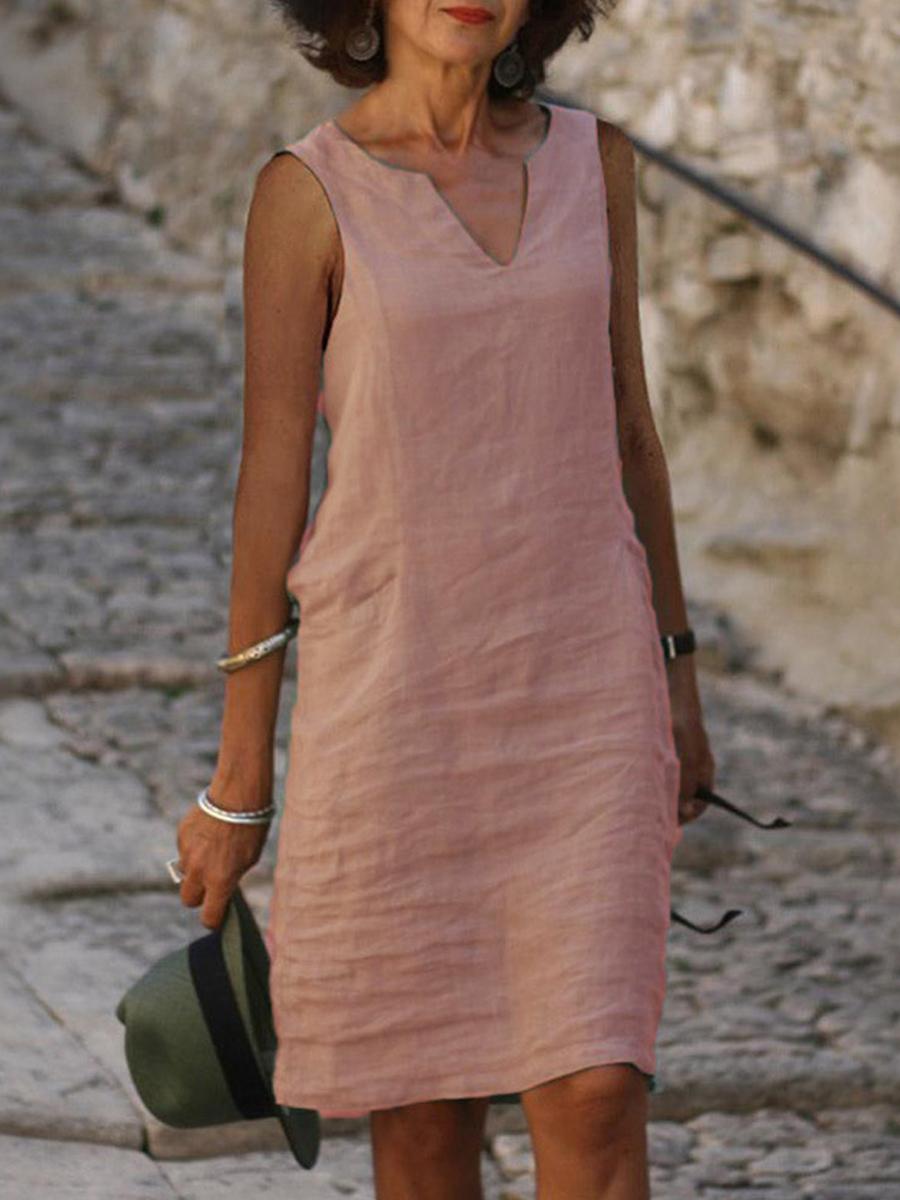 Casual Cotton Linen V-neck Midi Dress