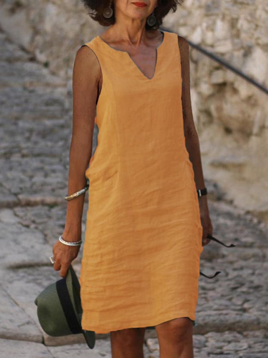 Casual Cotton Linen V-neck Midi Dress