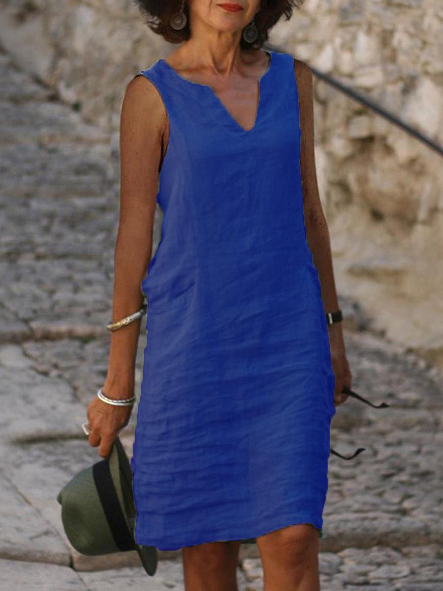 Casual Cotton Linen V-neck Midi Dress