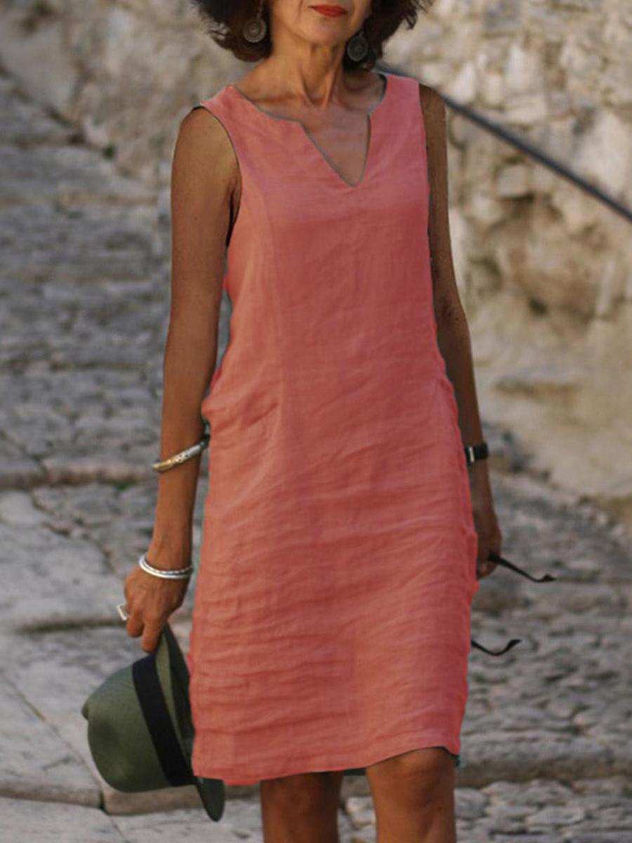 Casual Cotton Linen V-neck Midi Dress