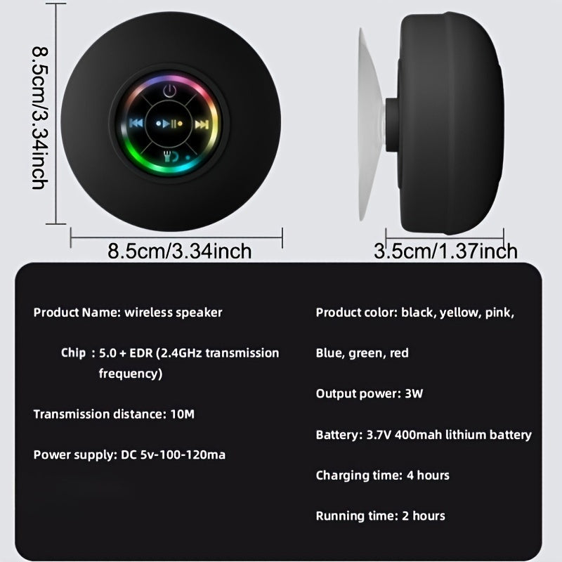 Shower Speaker, Portable Wireless Speaker With Suction Cup, USB Rechargeable Black Speaker With 2 Hours Play Time 3.7V/400mah Battery 5.0 Wireless Version Life For Parties, Bathroom, Travel, Home, And Outdoor (Suction Cups Must Be On A Smoo