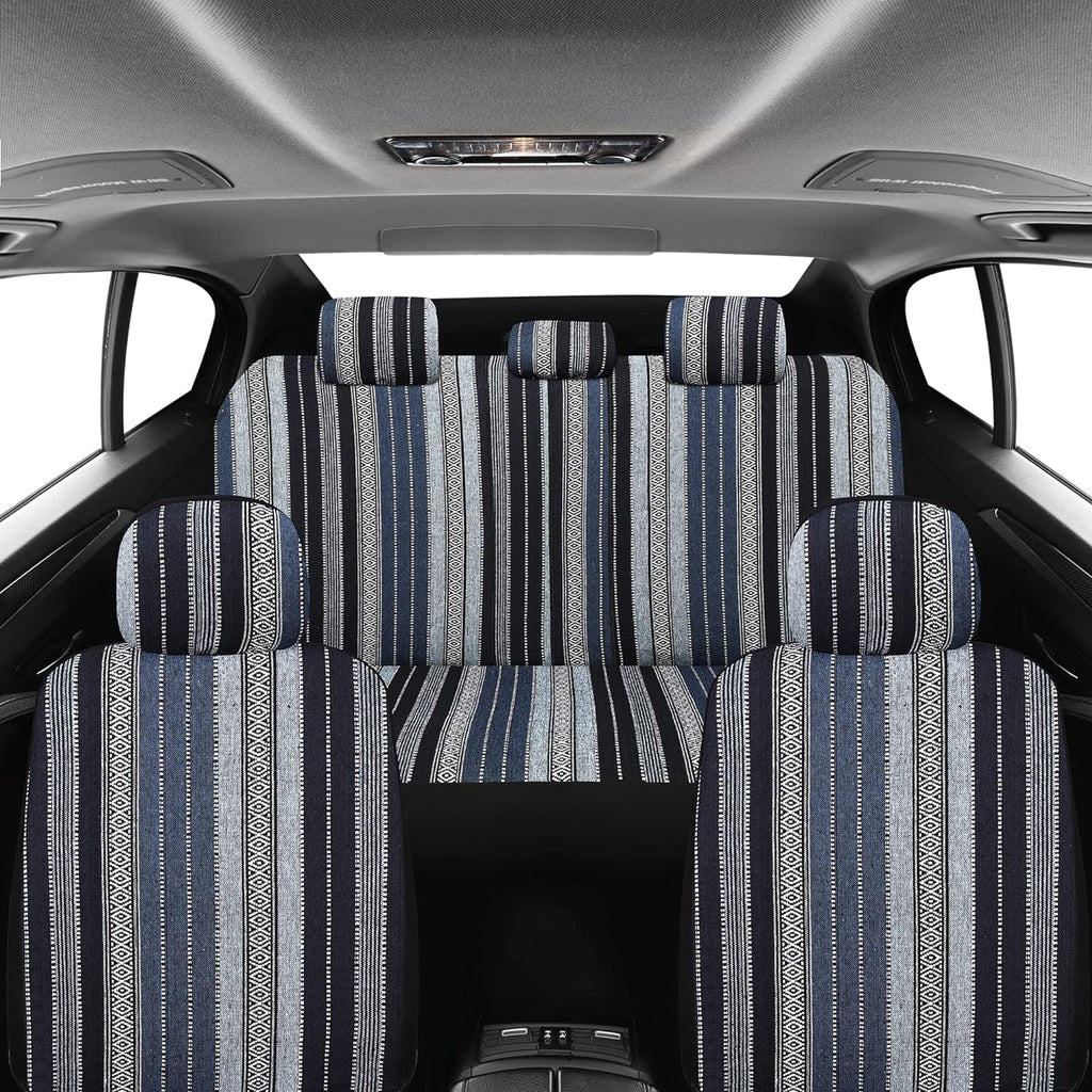 Pariitadin Baja Saddle Blanket Car Seat Covers Full Set with Seat Belt Pads, Washable Breathable Striped Woven Cloth Seat Covers for Cars Interior, Universal Fit Most Cars, Airbag Compatible, Blue
