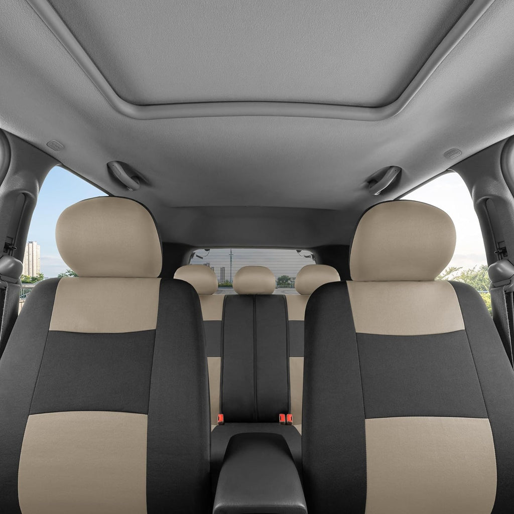 BDK PolyPro Car Seat Covers Full Set in Sand Beige on Black – Front and Rear Split Bench Seat Covers for Cars, Easy to Install Car Seat Cover Set, Car Accessories for Auto Trucks Van SUV (Light Beige)