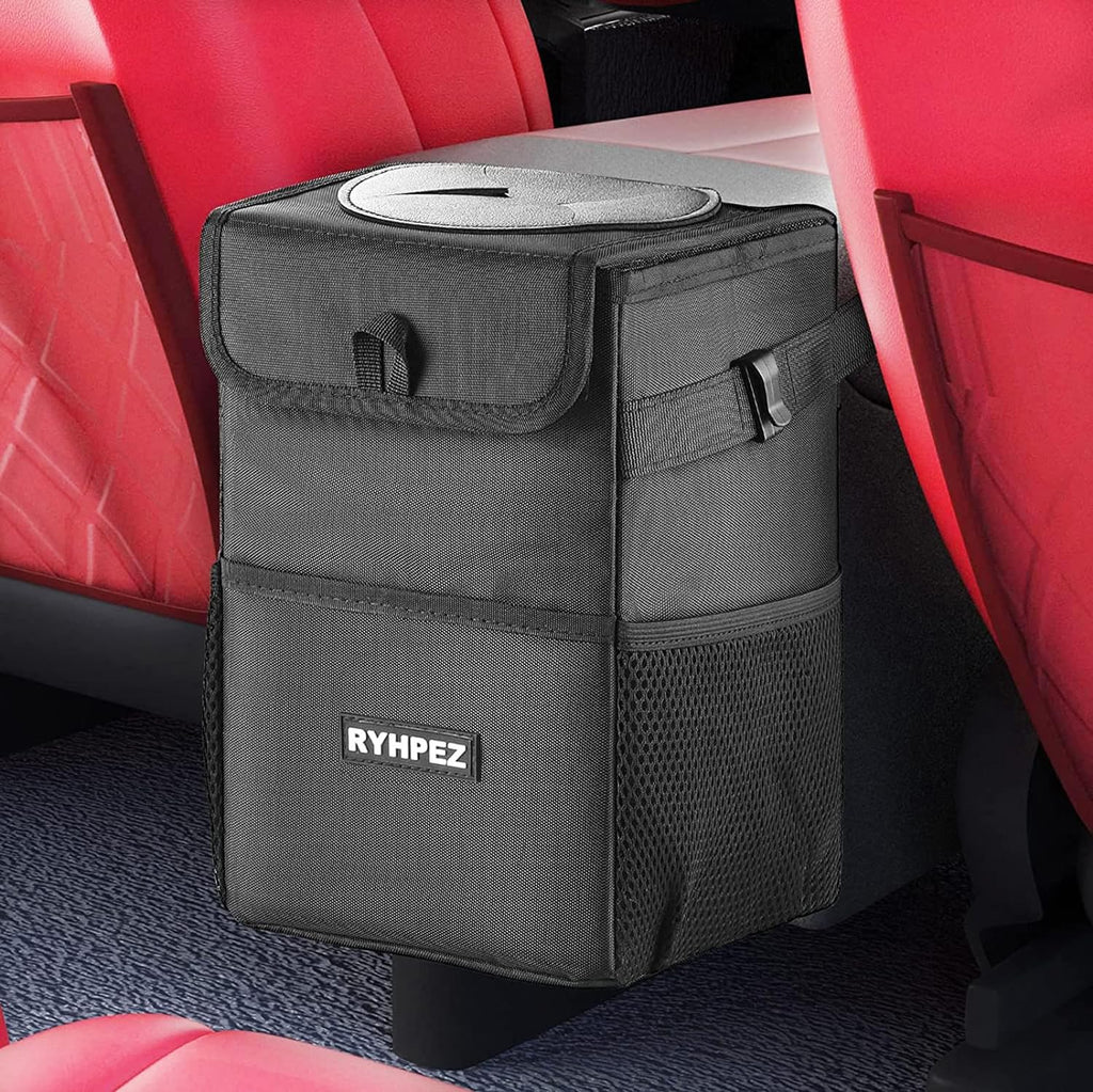 Ryhpez Car Trash Can with Lid - Car Trash Bag Hanging with Storage Pockets Collapsible and Portable Car Garbage Bin