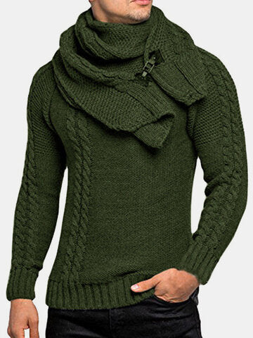 mens solid color round neck casual basic cable knit sweater with scarf