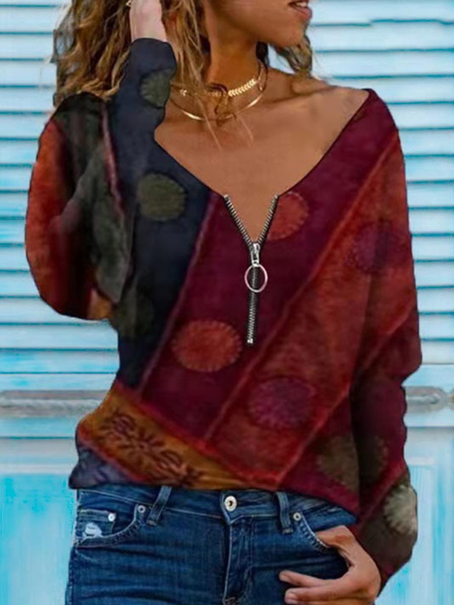 V-neck Zipper Casual Loose Print Long-sleeved T-shirt