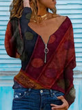 V-neck Zipper Casual Loose Print Long-sleeved T-shirt