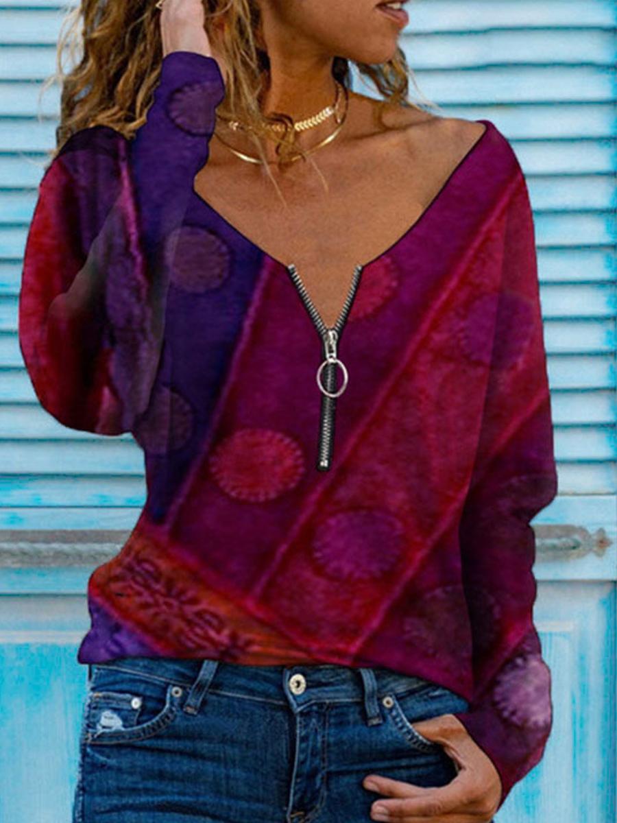 V-neck Zipper Casual Loose Print Long-sleeved T-shirt