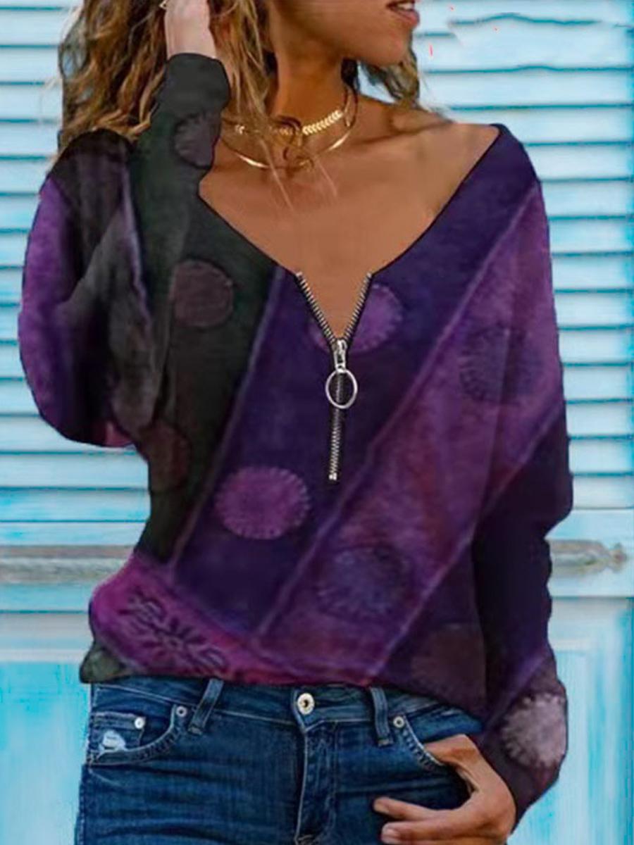 V-neck Zipper Casual Loose Print Long-sleeved T-shirt