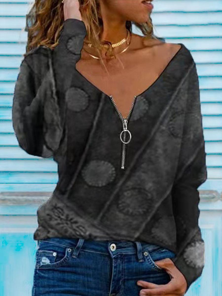 V-neck Zipper Casual Loose Print Long-sleeved T-shirt