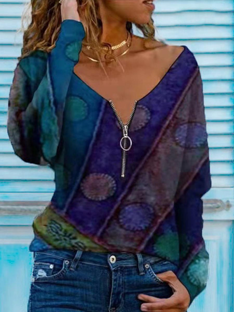V-neck Zipper Casual Loose Print Long-sleeved T-shirt