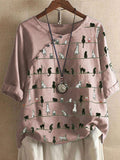 Cat Print Round Neck Cotton And Linen Sleeve Blouse