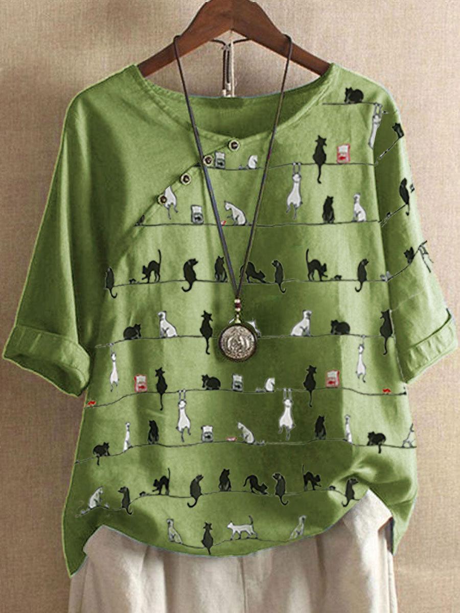 Cat Print Round Neck Cotton And Linen Sleeve Blouse