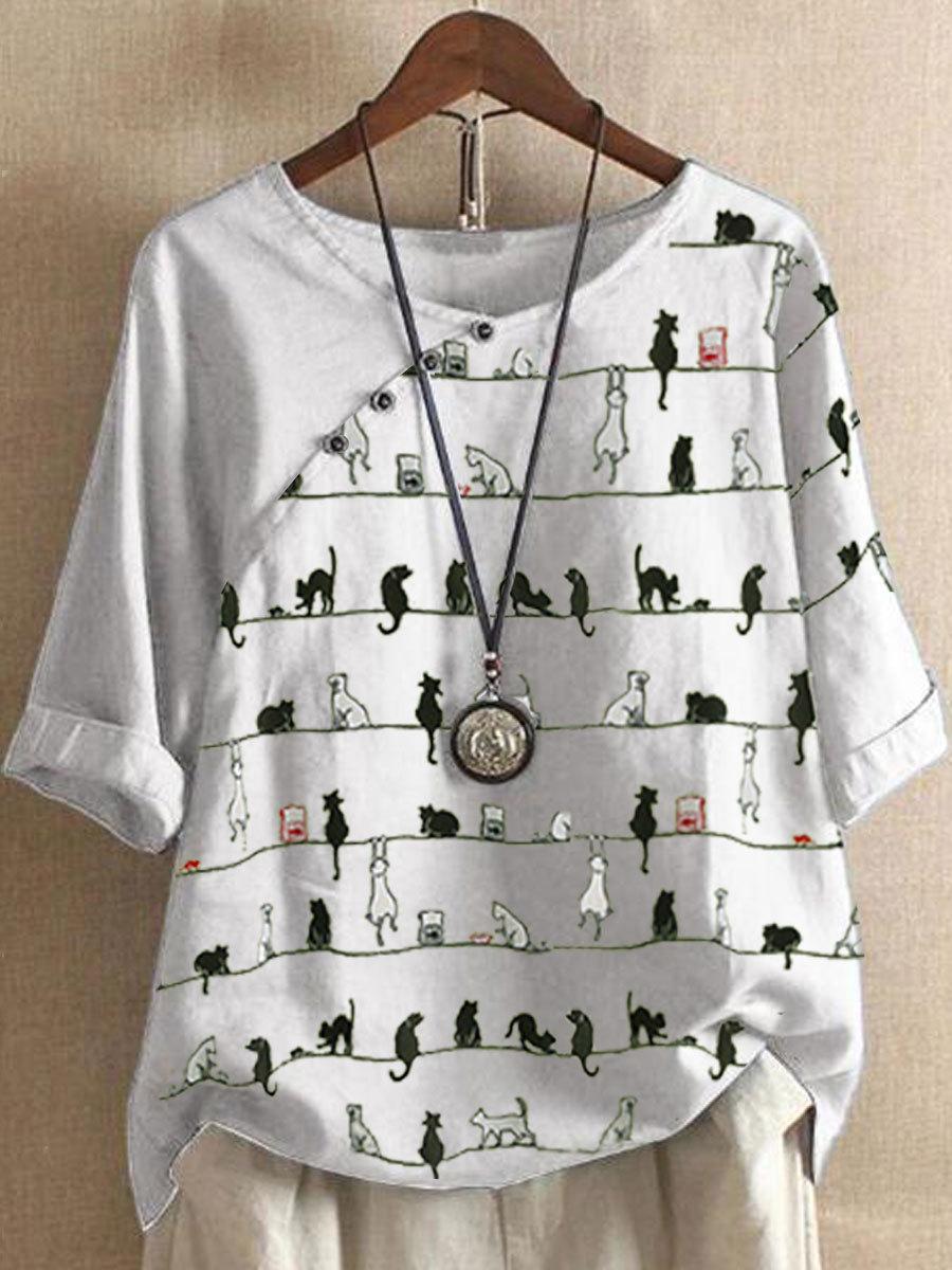 Cat Print Round Neck Cotton And Linen Sleeve Blouse