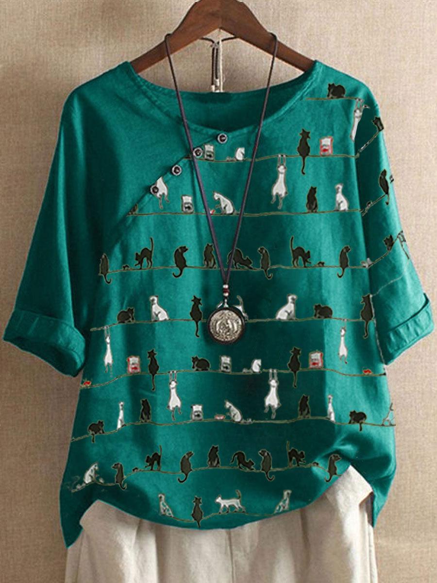 Cat Print Round Neck Cotton And Linen Sleeve Blouse