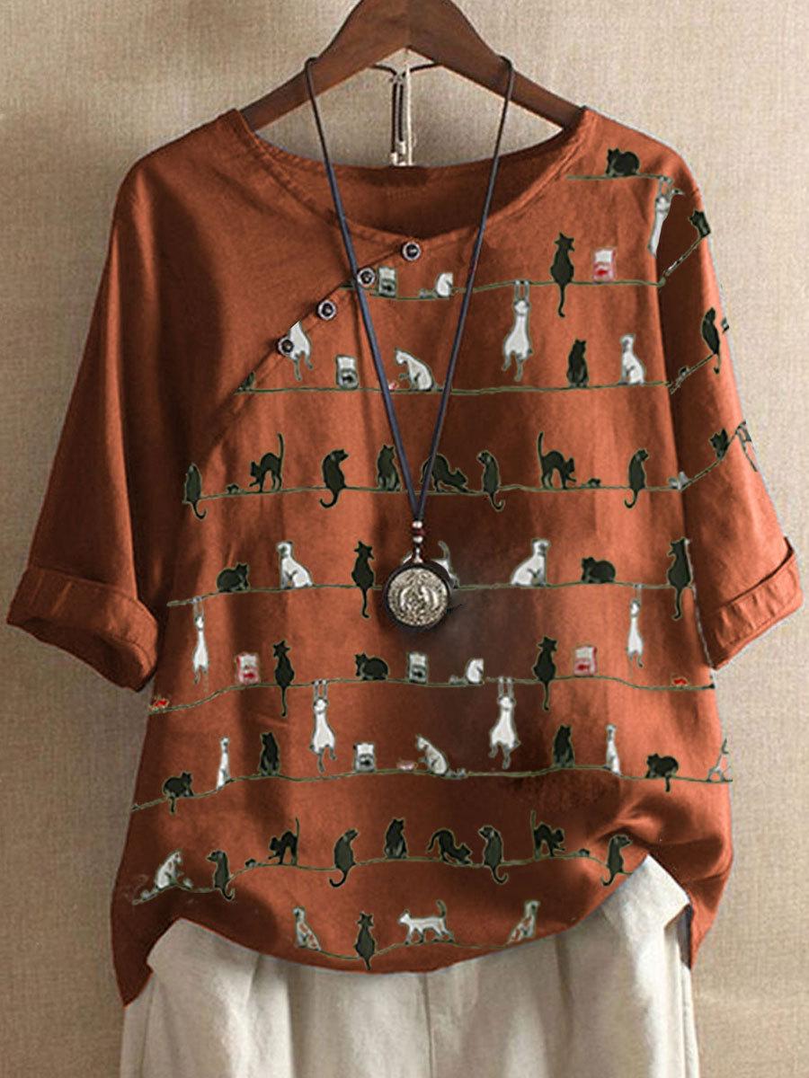 Cat Print Round Neck Cotton And Linen Sleeve Blouse