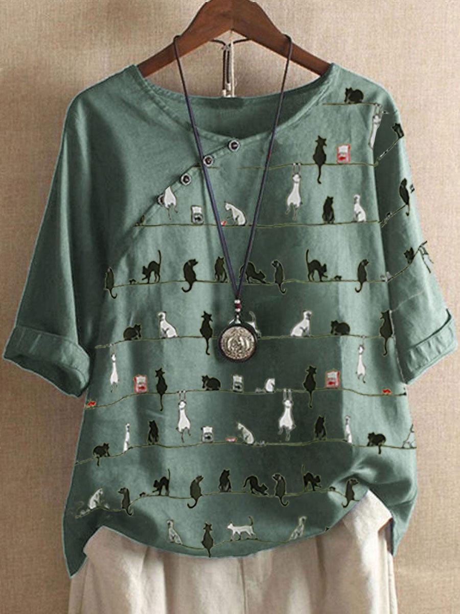 Cat Print Round Neck Cotton And Linen Sleeve Blouse