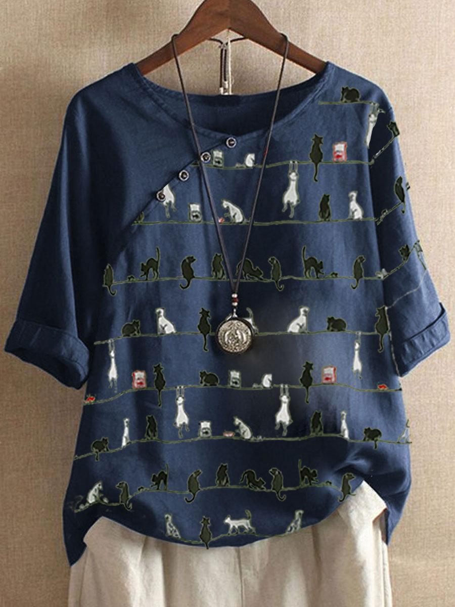 Cat Print Round Neck Cotton And Linen Sleeve Blouse
