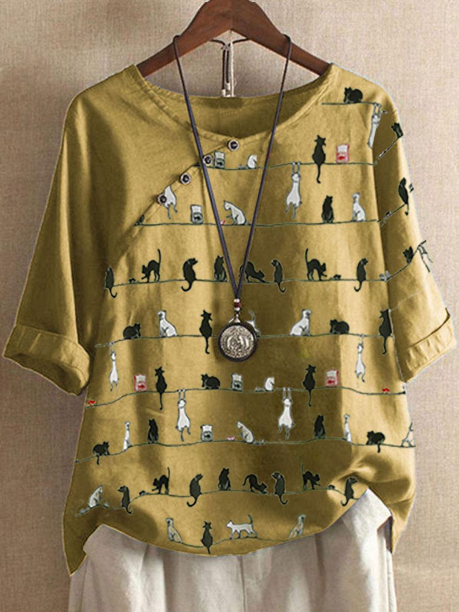 Cat Print Round Neck Cotton And Linen Sleeve Blouse