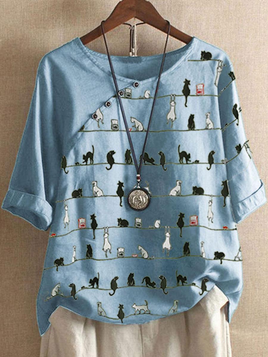 Cat Print Round Neck Cotton And Linen Sleeve Blouse