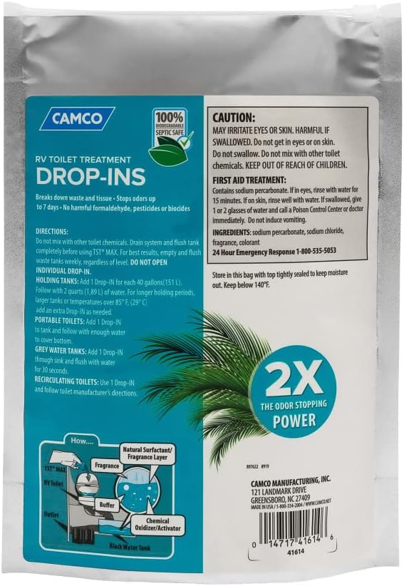 Camco TST MAX RV Toilet Treatment Drop-INs | Control Unwanted Odors and Break Down Waste and Tissue | Septic Tank Safe | Ocean Breeze Scent | 15-pack (41614)