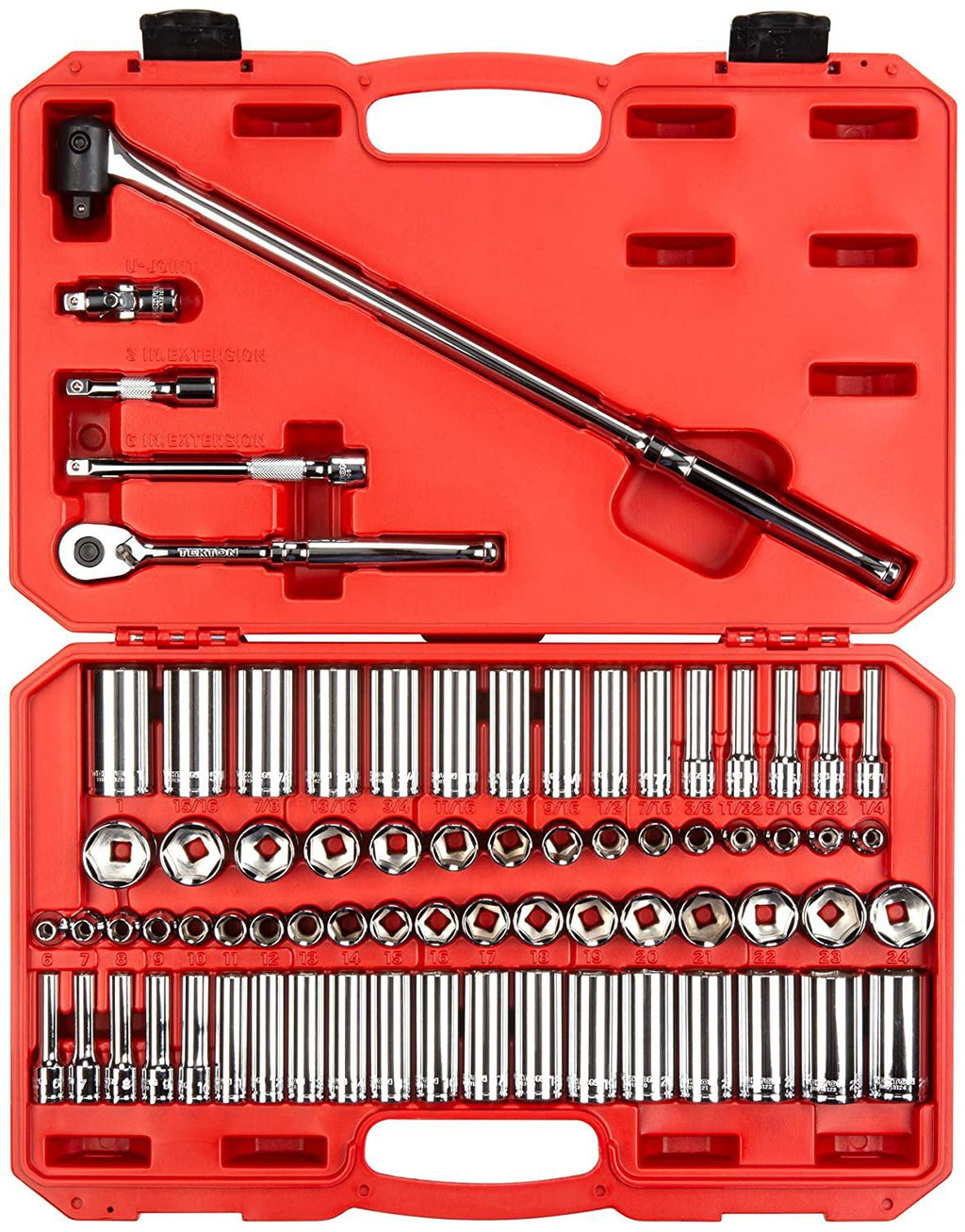 TEKTON 3/8 Inch Drive 6-Point Socket &amp; Ratchet Set, 74-Piece (1/4-1 in., 6-24 mm) | SKT15311