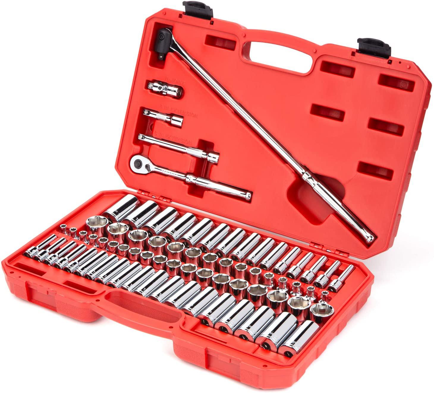 TEKTON 3/8 Inch Drive 6-Point Socket &amp; Ratchet Set, 74-Piece (1/4-1 in., 6-24 mm) | SKT15311