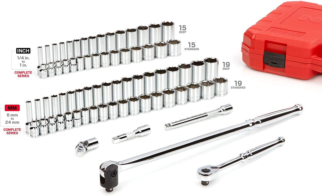 TEKTON 3/8 Inch Drive 6-Point Socket &amp; Ratchet Set, 74-Piece (1/4-1 in., 6-24 mm) | SKT15311
