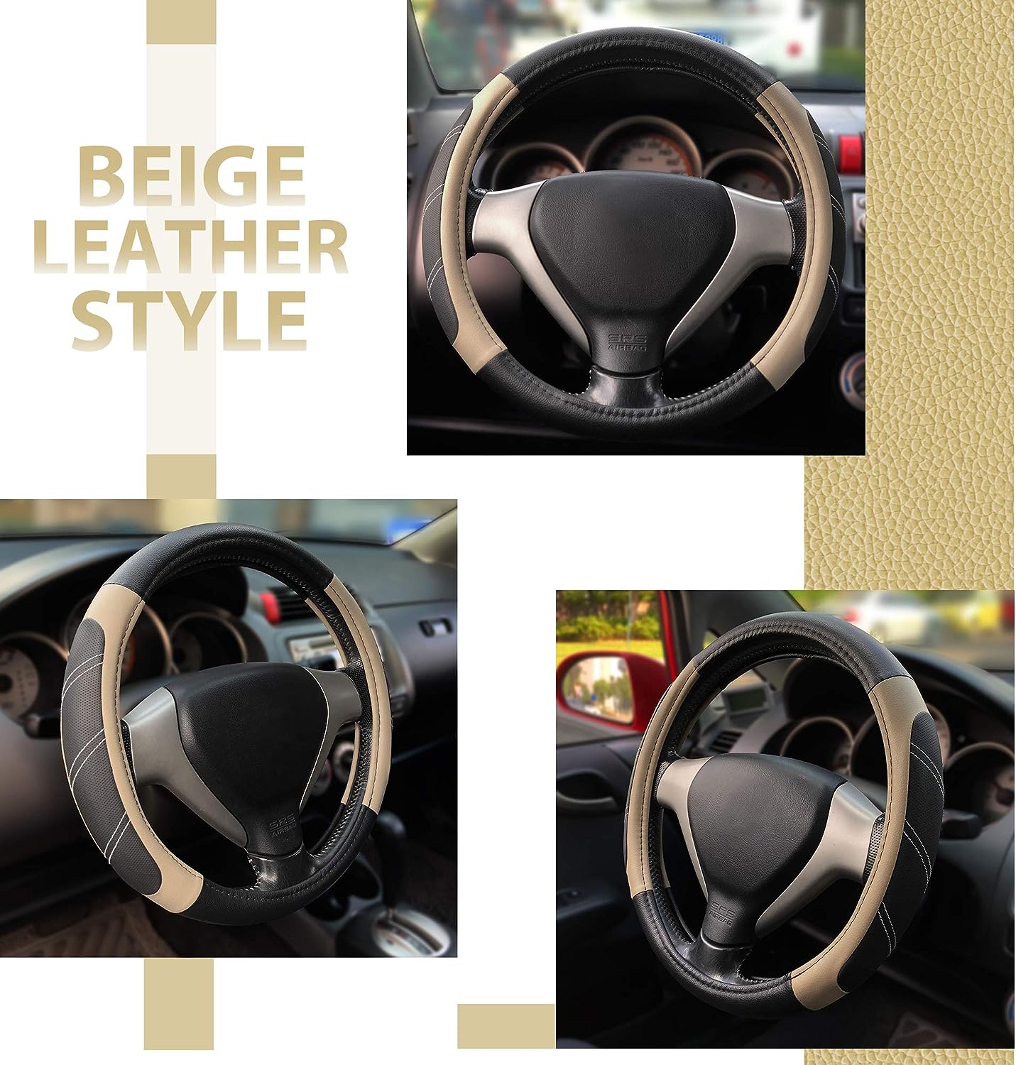 Elantrip Steering Wheel Cover Leather 15 1/2 to 16 inch Universal Large Soft Grip Breathable for Car Truck SUV Jeep Anti Slip Beige