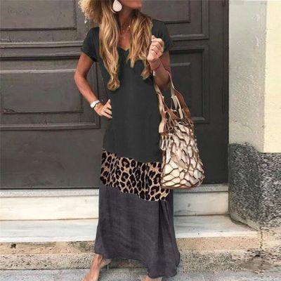 Womens Simple Contrast Leopard Print Short Sleeve Print V-N