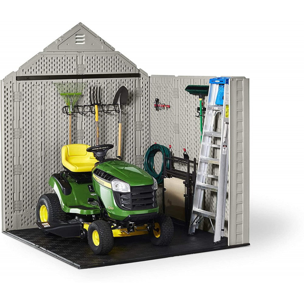 Rubbermaid 7x7 Ft Durable Weather Resistant Resin Outdoor Garden Storage Shed with Windows and Utility Hooks, Sand