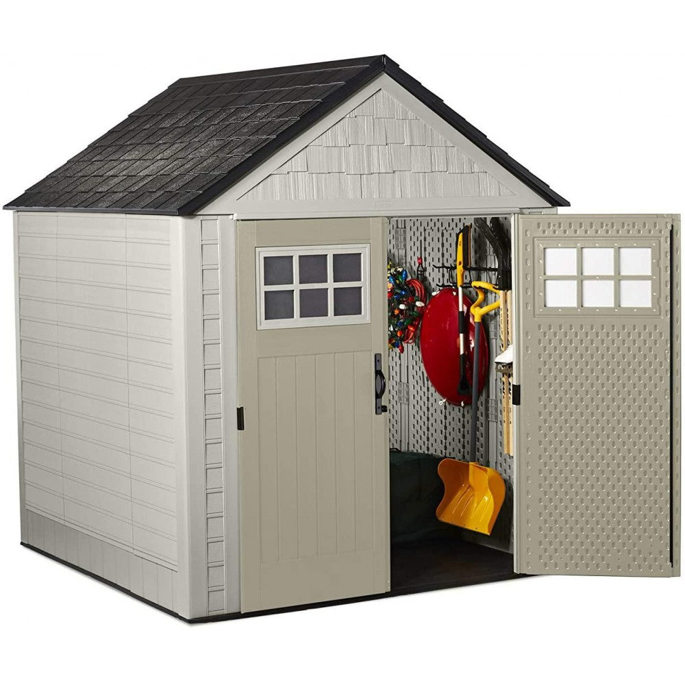 Rubbermaid 7x7 Ft Durable Weather Resistant Resin Outdoor Garden Storage Shed with Windows and Utility Hooks, Sand
