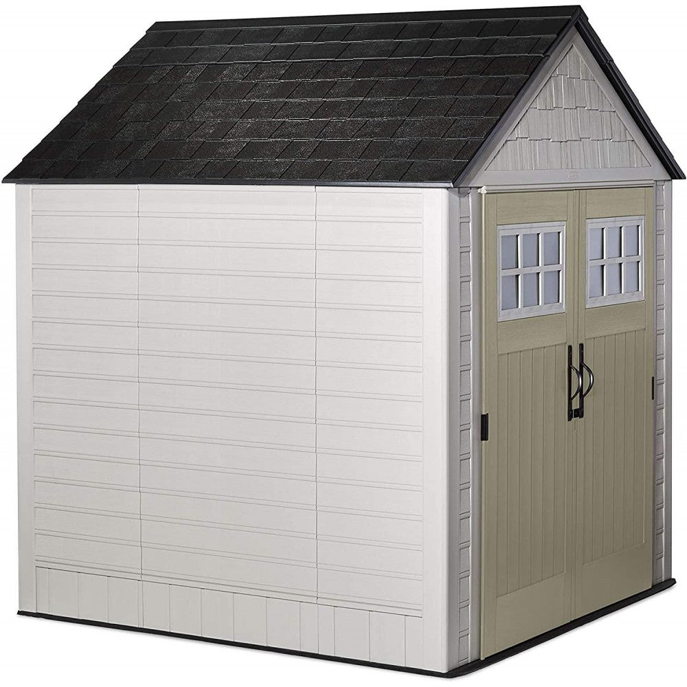 Rubbermaid 7x7 Ft Durable Weather Resistant Resin Outdoor Garden Storage Shed with Windows and Utility Hooks, Sand