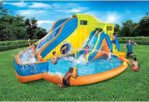 BANZAI Pipeline Twist Kids Inflatable Outdoor Backyard Water Pool Aqua Splash Park and Slides with Climbing Wall, Water Cannons, &amp; Clubhouse, Ages 5+