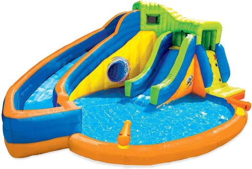 BANZAI Pipeline Twist Kids Inflatable Outdoor Backyard Water Pool Aqua Splash Park and Slides with Climbing Wall, Water Cannons, &amp; Clubhouse, Ages 5+