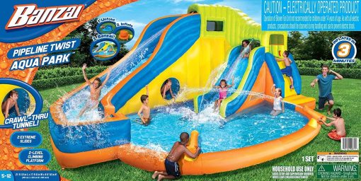BANZAI Pipeline Twist Kids Inflatable Outdoor Backyard Water Pool Aqua Splash Park and Slides with Climbing Wall, Water Cannons, &amp; Clubhouse, Ages 5+