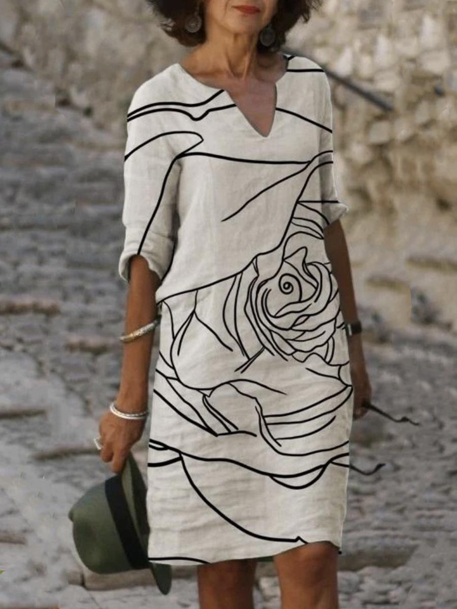 Fashion Rose Print V-neck Dress