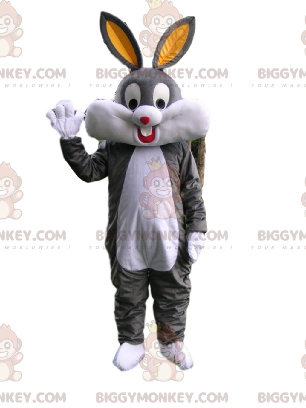 BIGGYMONKEYMascot Costume Very Happy Gray And White Rabbit With Big Ears