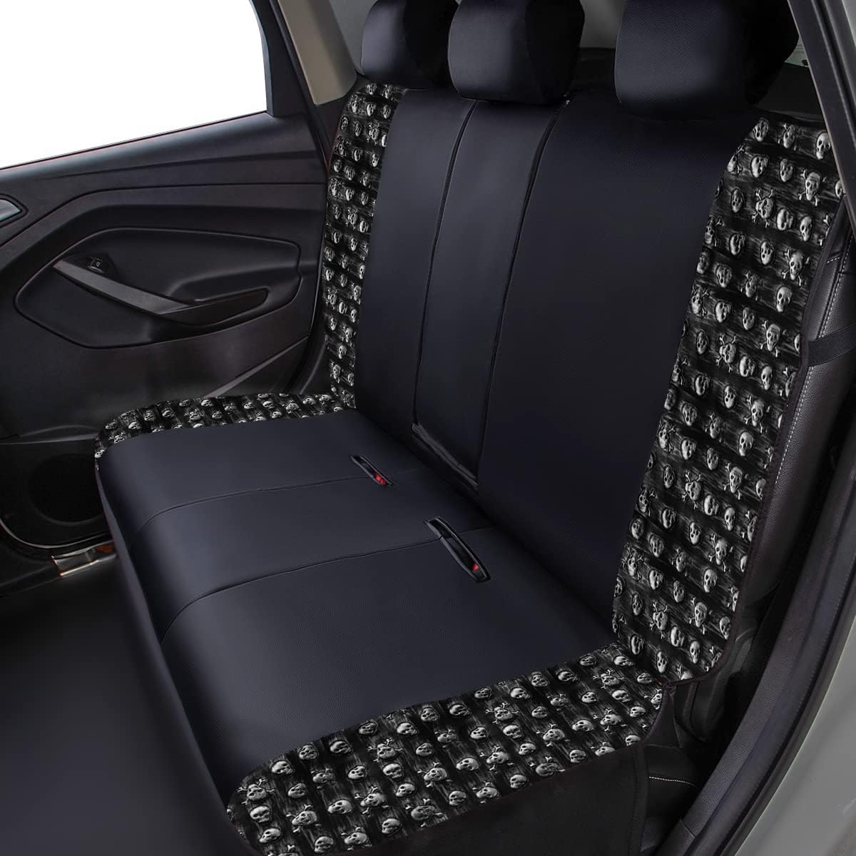 Flying Banner car seat Covers Fashion Faux Leather Gray Skull Full Set Rear Bench Split Easy installations car Truck SUV