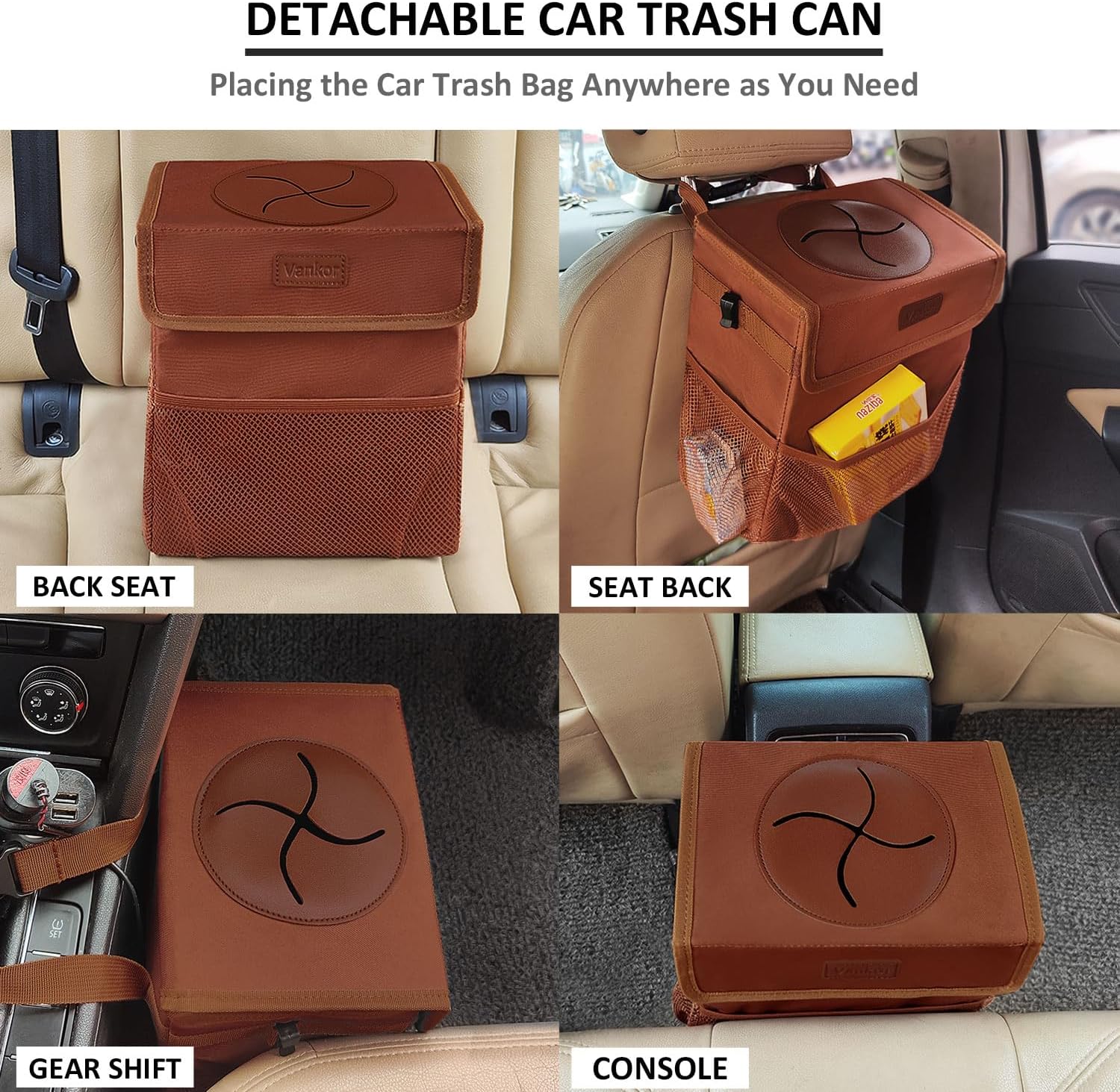 Vankor Car Trash Can for Car Cute, Car Trash Bag Bin Hanging Waterproof Automotive Car Garbage Cans Leak Proof Vehicle Trash Can Brown