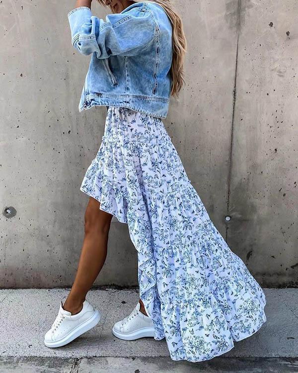 fashion print irregular hem flowy skirt
