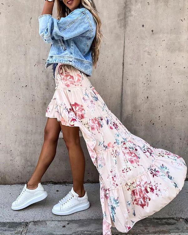 fashion print irregular hem flowy skirt