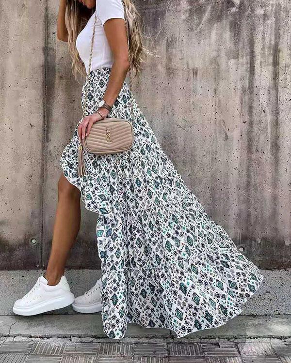 fashion print irregular hem flowy skirt