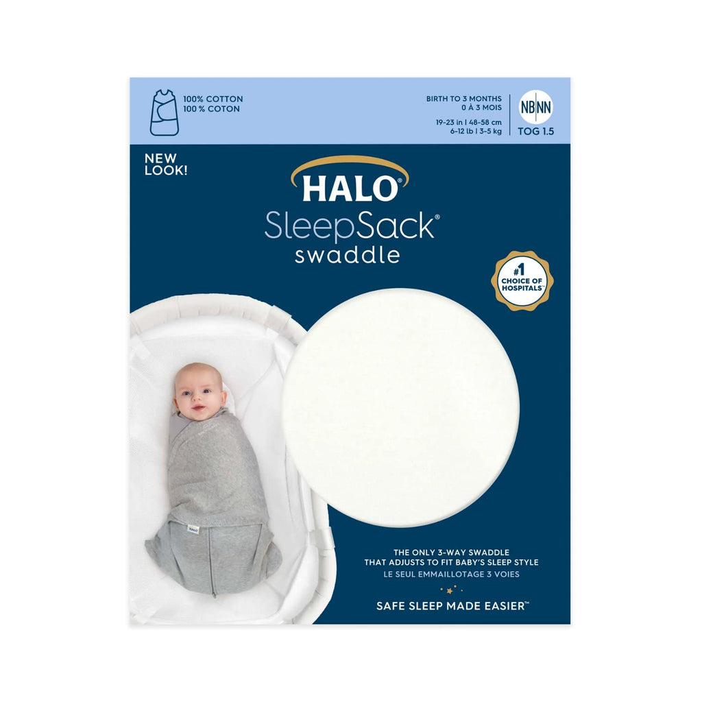 HALO Cotton Sleepsack Swaddle, 3-Way Adjustable Wearable Blanket, TOG 1.5, Cream, Small, 3-6 Months